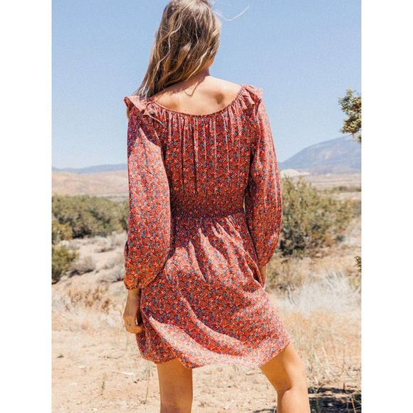 Rust Floral Long Sleeve Off Shoulder Dress - Picture 3 of 4